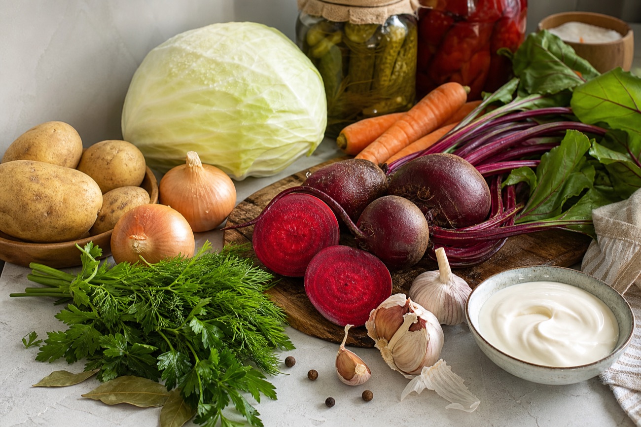 Ingredienti per borscht con barbabietole, cavolo e erbe