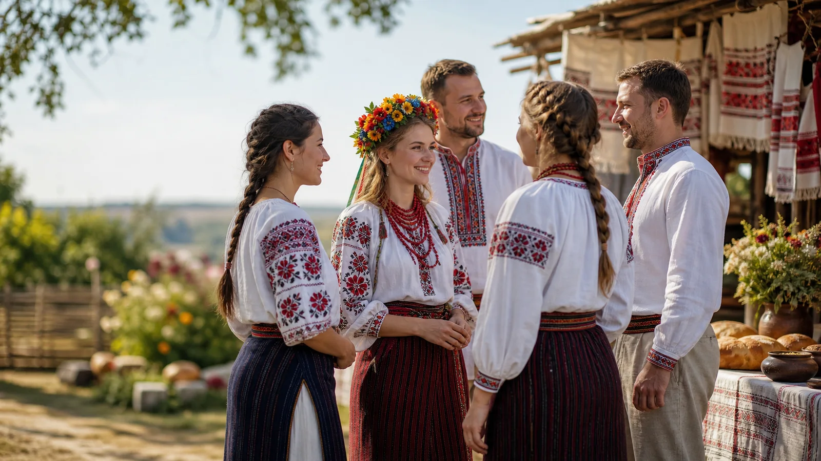 Група українців у традиційному одязі під час культурної зустрічі